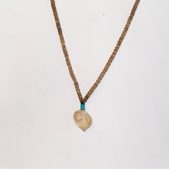 Vintage Wooden Seed Bead and SeaShell Necklace with Faux Turquoise Accent - Picture 1 of 9